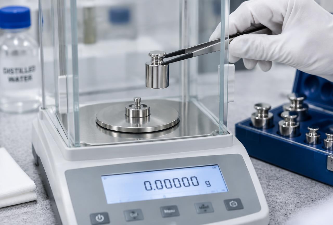 Standard weight being placed on a precision balance